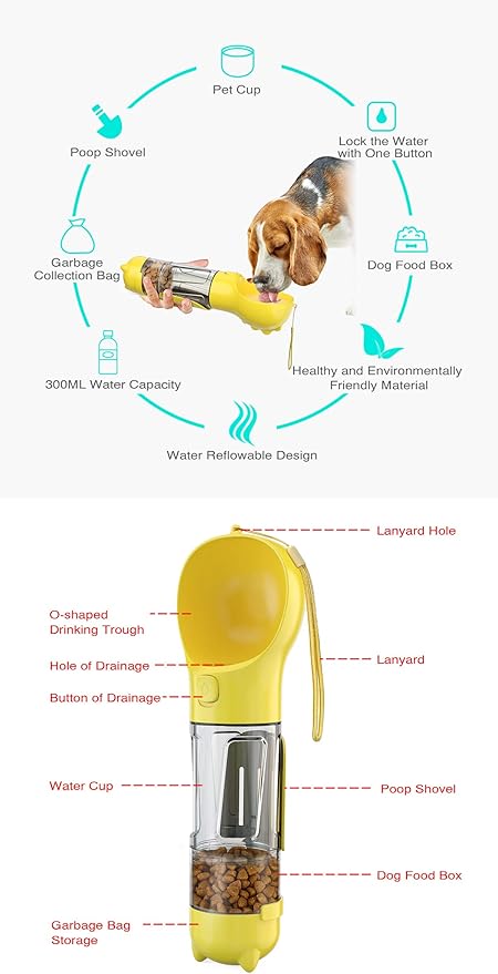 Portable 3 in 1 Dog Bottle,Storage for Pet Water,Food and Poop Waste Bags.Leakproof,with Lanyard and Trash Shovel,Dog Travel and Pet Outdoor Activity Necessities,Yellow(10.15OZ)
