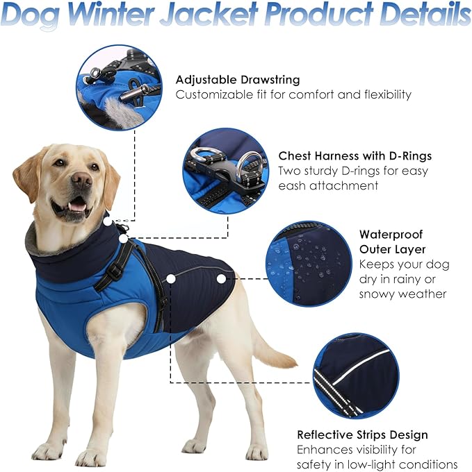 ASENKU Reflective Dog Coat with Built-in Harness, Windproof Fleece-Lined Dog Jacket for Small, Medium, Large Dogs, Warm Winter Vest with Turtleneck & Zipper (Navyblue XL)
