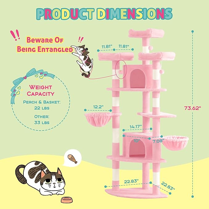 SHA CERLIN 73in Fan-Shaped Corner Cat Tower for Save Space/Multi-Level Tall Cat Tree for Indoor Kitties/Condo with Baskets/Cozy Perches/Sisal Scratching Posts/Pet Activity House/Pink