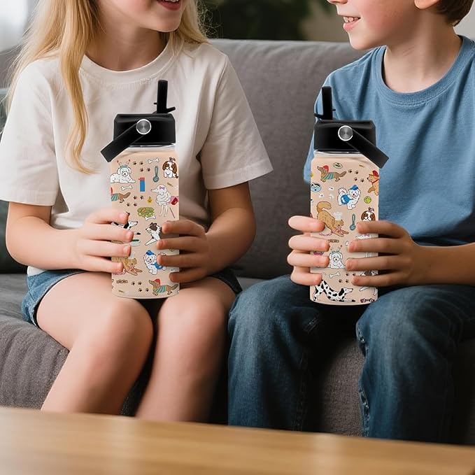 Dog Lovers Gifts, 16 oz Water Bottle with Straw Lid, Stainless Steel Insulated Tumbler, Cute Dogs Water Bottles Gifts for Birthday Christmas