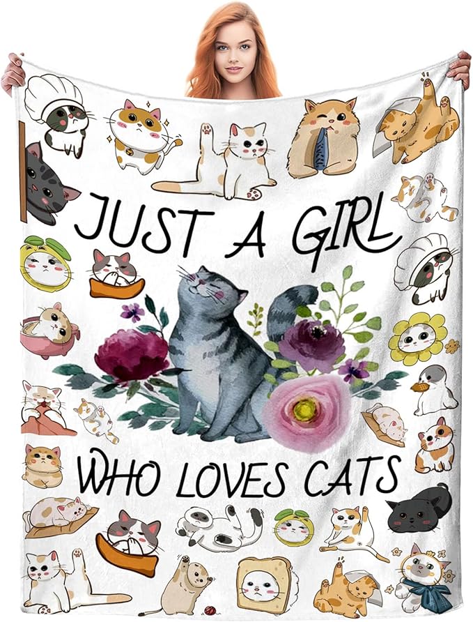 Cat Blanket Ultra Soft Flannel Throw Blanket Just a Girl Who Loves Cats Blankets Cats Gifts for Cat Lovers Cozy Lightweight Blankets for Women Kids Adults 60"X 50"