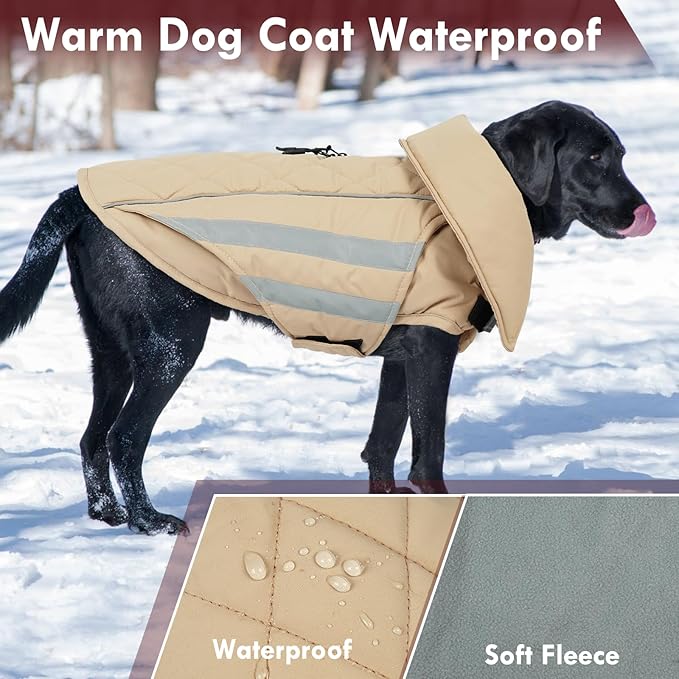 Dog Jacket for Large Dogs Winter Coat with Harness Hole Waterproof Reflective Turtleneck Snowsuit Adjustable Hook & Loop Cold Weather Coats for Dogs Border Collie Pitbull, Khaki 2XL