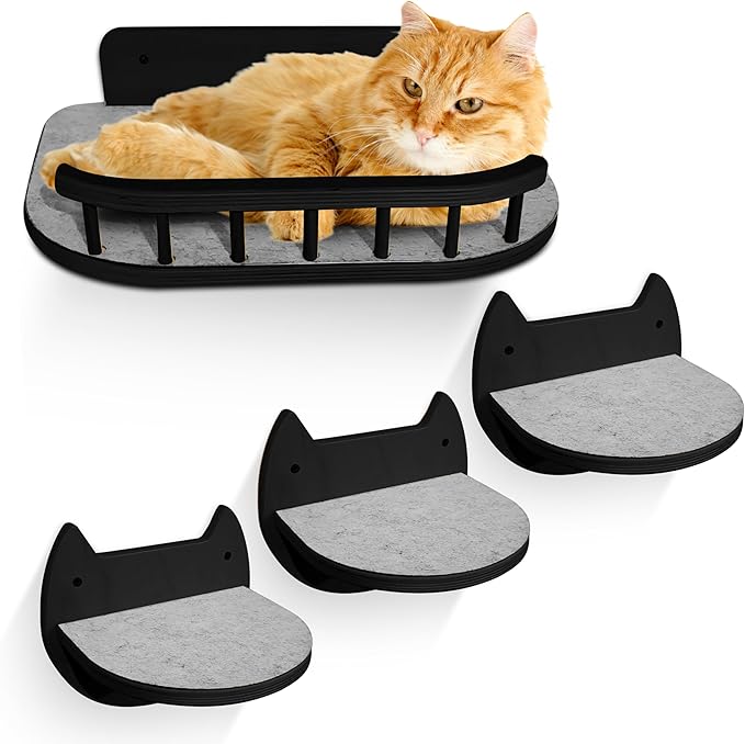 Cat Wall Shelves with 3 Steps – Modern Mounted Cat Wall Furniture & Shelf, Premium Hardwood Bed for Climbing, Sleeping & Lounging, Indoor Hammock for Large Cats - Black
