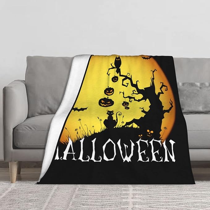 Happy Halloween Throw Blankets Lightweight Plush Fuzzy Cozy Soft Bedding, Fleece Throw Blankets All Season for Sofa Couch Bed 50x60 inches，Cat Pumpkin Tree
