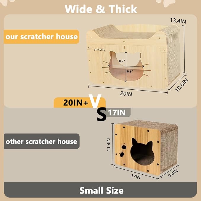 Cat Scratcher House,20x10.6x13.4 Cardboard Cat House,Large Scratch House for Indoor Cats,Scratchable in and Out,Suitable for 2 Cats Household,Anti-Scratch and Protect Couch,Easy to Assemble,Sturdy