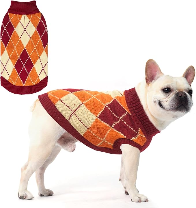 KOOLTAIL Small Dog Sweater, Knit Turtleneck Fall Thanksgiving Dog Sweaters for Medium Large Dogs, Plaid Pullover Cold Weather Knitwear Pet Winter Warm Clothes, Puppy Coat for Girls Boys, Orange L
