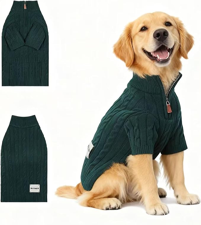 Medium/Large Dog Sweater, Warm Dog Winter Coat w/Sleeves, Comfortable High Neck Premium Dog Clothes for Golden Retriever-Best for Holidays, Daily Walks XXL Green