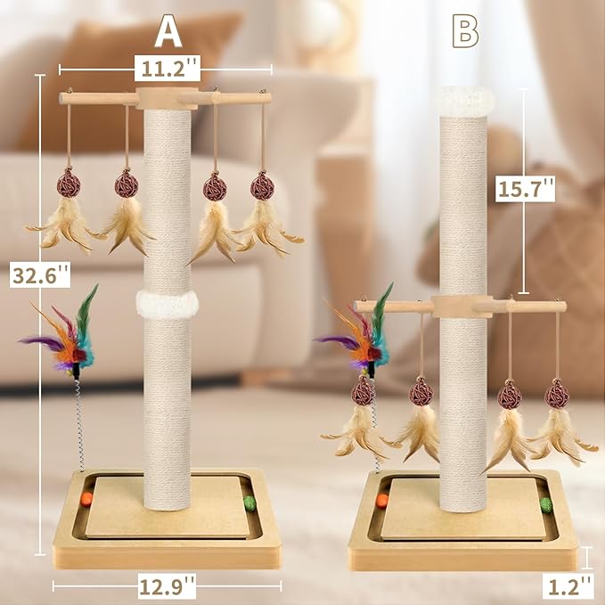 Tall Cat Scratching Post, Sisal, 33 Inches, Large Scratcher Tree Tower for Indoor Cats Adults with Hanging and Ball Track, 2 Mounting Methods Interactive Furniture Toys for All Ages