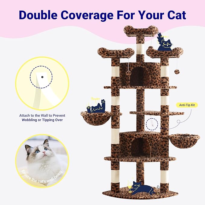 Allewie 73in Fan-Shaped Space-Saving Corner Cat Tower/Multi-Level Tall Cat Tree for Indoor Kitties/Cozy Baskets/Condos/House/Perches/Sisal Scratching Posts/Pet Activity Center/Leopard Print
