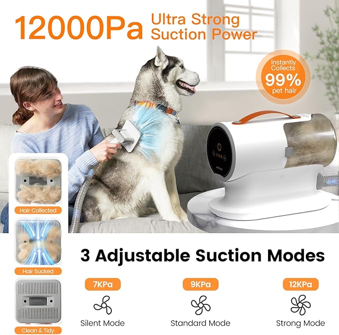 AIRROBO Dog Grooming Vacuum Kit,12000Pa Strong Pet Vacuum for Shedding,Grooming Hai,Quiet,PG100,2L Large Capacity