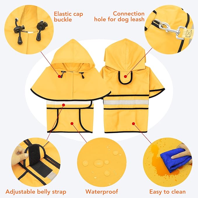 Waterproof Dog Raincoats - Hooded Raincoats for Dogs, Adjustable Reflective Dog Rain Coat, Windproof Dog Rain Jacket Pet Rain Slicker Poncho for Small, Medium, Large Dogs (Small, Yellow)