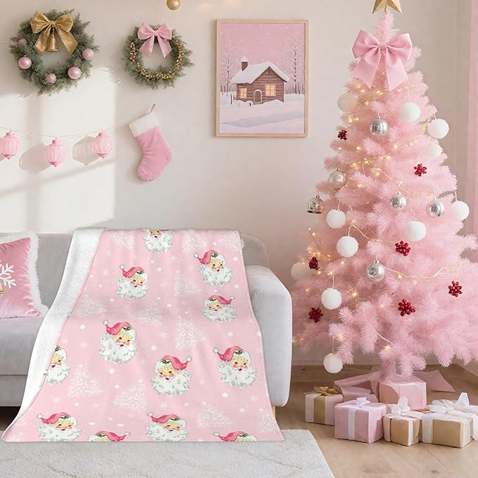 Christmas Santa Claus Throw Blankets, Xmas Tree Soft Anti Pilling Flannel Blanket, Winter Snowflake Decorative Lightweight Pink Blanket, 30x40 Inches Sofa Fleece Blanket
