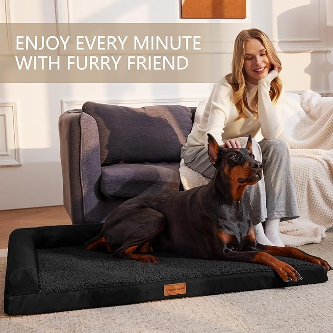 Patas Lague Orthopedic Jumbo Dog Bed for Extra Large Dogs 56''X40'', Waterproof L Bolster Pet Sofa Beds with Removable Washable Cover, Soft Comfortable Pet Couch Crate Mat with Nonskid Bottom, Black