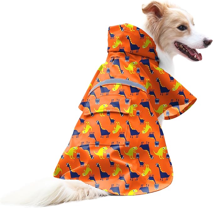 NACOCO Large Dog Raincoat Adjustable - Pet Dinosaurs Water Proof Clothes Lightweight Rain Jacket Poncho Hoodies with Strip Reflective Blue (M, Orange Dinosaur)