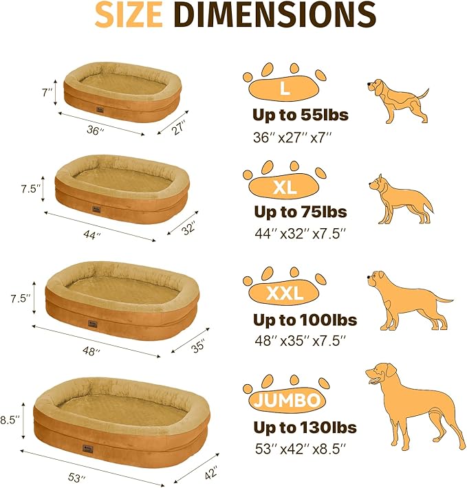 Orthopedic Waterproof Large Dog Bed: Memory Foam Washable Dog Bed with Bolsters - Removable Orthopedic Cover for Medium L XL Large Sized Pet - Non-Slip Bottom - Orange