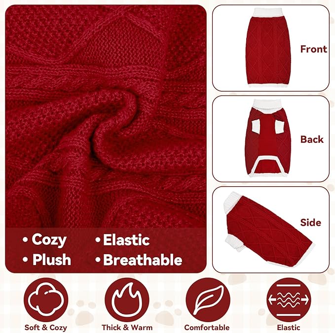Dog Sweater for Large Dogs Argyle Cable Knit Turtleneck Pullover Winter Clothes Boys Girls Stretch Golden Retriever Labrador Bulldog Pitbull Doberman Pet (XXL, Red)
