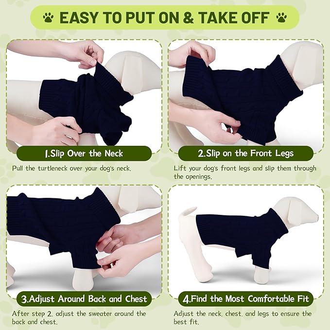 Small Dog Thermal Pullover Sweater, Classic Turtleneck Cable Knitwear Dog Clothes for Cold Weather Warm Pet Clothes for Chihuahua, Bulldog, Dachshund, Pug Navy X-Large