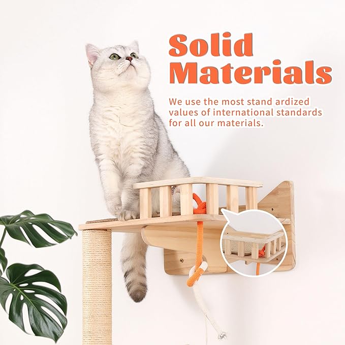 KVIDA Wall-Mounted Cat Tree – 7PCS Solid Wood Set with 3 Sisal Posts, Wide Perches & Lookout Tower, Space-Saving Climbing Furniture for Large Indoor Cats