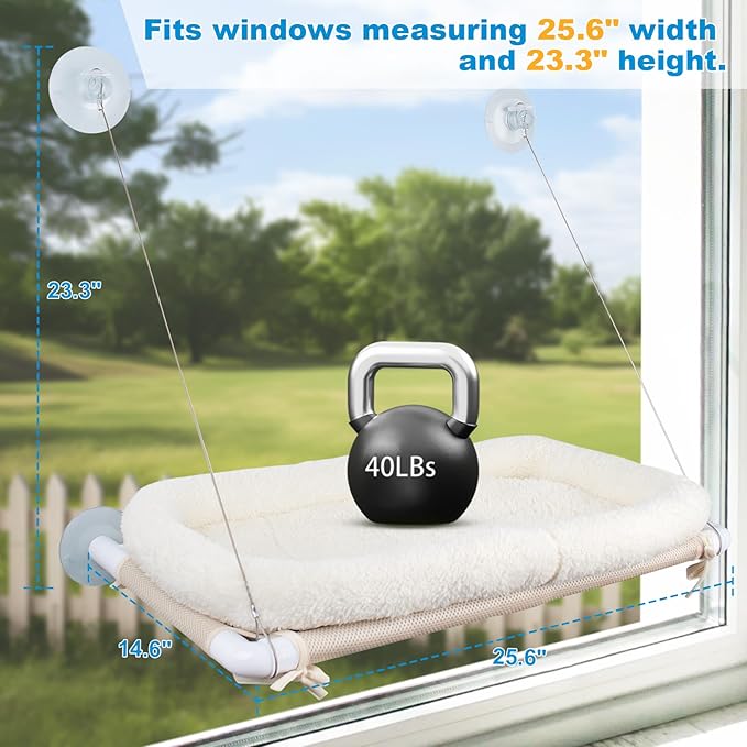 Fluffy Cat Window Bed for Indoor Cats – Strong Suction Cup Hammock with Breathable Mesh and Soft Cushion, Supports Large Cats