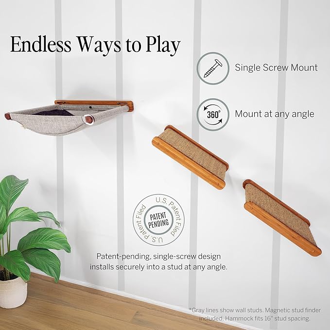 The Play Series – Wall-Mounted Cat Hammock & Two Sisal-Wrapped Shelves – Built for Climbing, Lounging, Scratching, and Play – for Playful, Happy Cats – Modern Bamboo Cat Furniture
