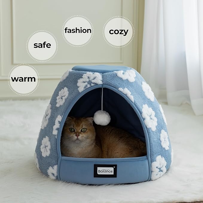 BALANCE Cat Beds for Indoor Cats, 2-in-1 Cat Bed Cave with Anti-Slip Bottom and Ultra-Soft Plush, Cozy Cats House Tent for Kittens and Small Dogs, 19 Inches, Blue