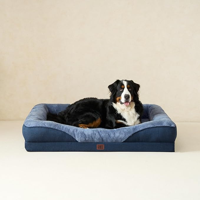 EHEYCIGA Memory Foam XXL Dog Bed for XLarge Sized, Extra Large Orthopedic Dog Sofa with Sides and Waterproof Liner, Washable Bolster Pet Couch with Removable Cover, 52x41x8 Inch, Navy
