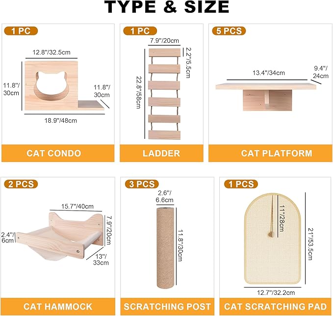 PETKABOO Cat Wall Shelves Cat Wall Furniture with Condo, Hammock, Scratching Pad, Platform and Ladder