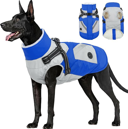 FUAMEY Dog Winter Jackets for Large Dogs,Dog Coat with Harness Built in,Waterproof Dogs Snowsuits Warm Pet Jacket Zip Up Fleece Cold Weather Coats Reflective Puppy Vest with Pocket Blue 2XL