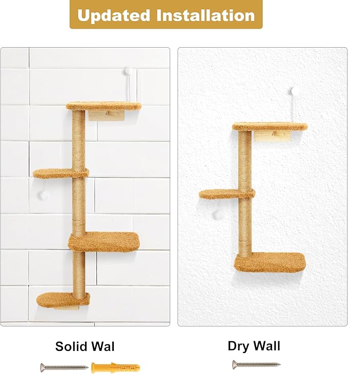 Brown Wall Mounted Cat Wall Climber & Tree for Kittens, 4 Platform Cat Shelves with Brown Plush Cushions, Floating Furniture for Climbing, Lounging, Scratching – 49” Tall