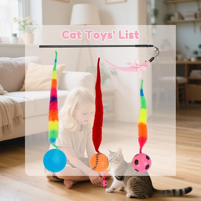 SHENGSEN Feather Wand Cat Toy,Bouncy Ball with Tail Cat Toys,Magic Worm with Large Colorful Ball Toy for Cats,Cat Feather Toys for Indoor Cats,Colorful Fuzzy Worm Bouncy Balls Cat Toy (ADM102-A-3B)