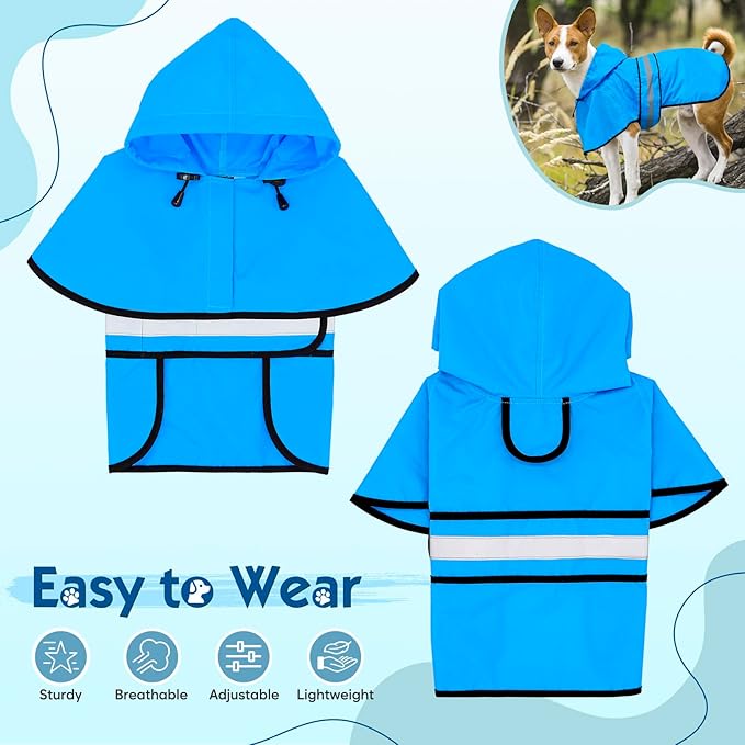 Weesiber Dog Raincoat, Adjustable Dog Rain Jacket Hooded Poncho Slicker, Reflective Pet Rain Coat for Walking (L, Blue)