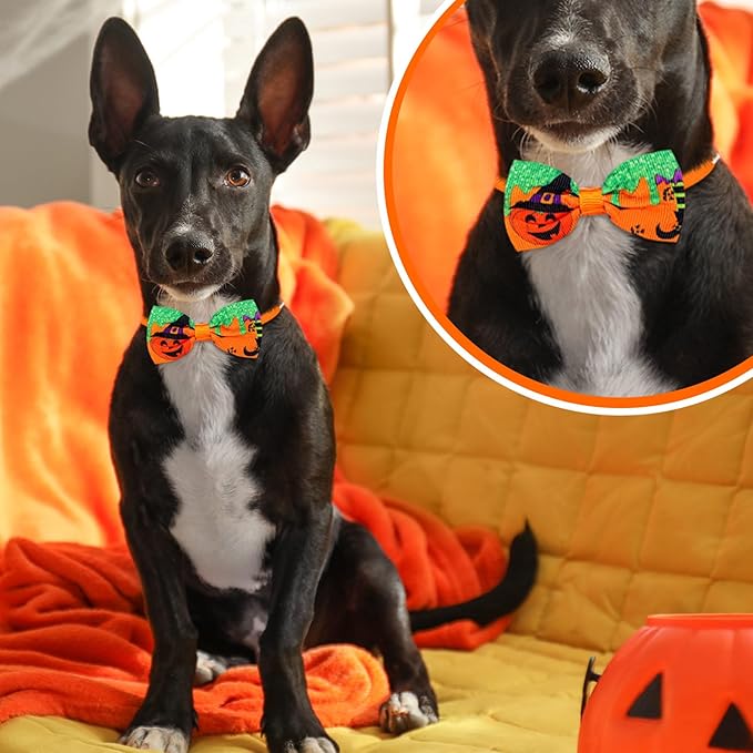 Eccliy 50 Pcs Halloween Dog Bow Ties Halloween Dog Collars Adjustable Puppy Hair Bows Neckties Set Pumpkin Ghost Pet Bow Ties Collar for Puppy Small Medium Large Pets