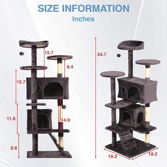 FDW Cat Tree 54in Cat Tower Multi-Level Durable Cat Scratching Post & Cozy Fun Cat Jumping Platform Space Saving Cat Condo Pet Play House for Indoor Cats,Purple Gray