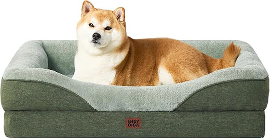 EHEYCIGA Memory Foam Dog Bed for Large Sized, Orthopedic Dog Sofa with Sides and Waterproof Liner, Washable Bolster Pet Couch with Removable Cover, 36x27x7 Inch, Green
