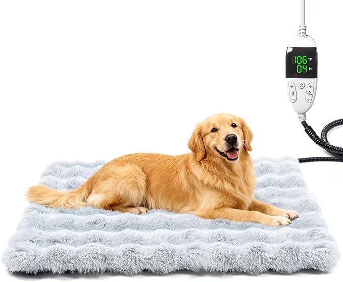 Dog Heating Pad, Smart Thermostat, 12 Temp Levels & 0-12H Timer, Large Pet Heating Pad with Plush Fleece Cover, Waterproof & Chew Resistant, 34x24in for Dogs and Multiple Cats