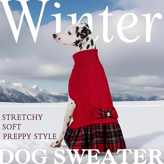 KYEESE Dog Sweater Pullover Dog Sweaters for Large Dogs Thick Dogs Clothes Soft Turtleneck Pet Sweater Dress with Bowtie Warm Comfy Pet Coats, Red, XXX-Large