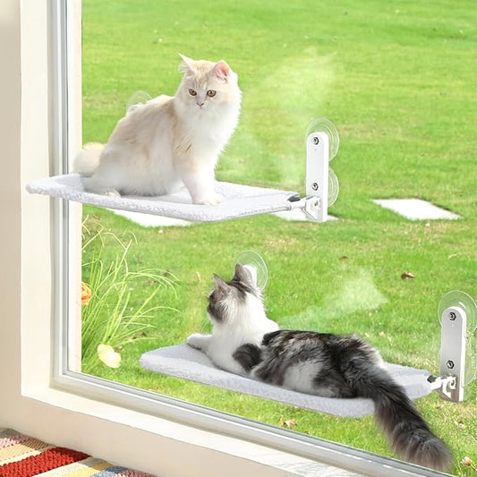 Zakkart 2PC Easy Fold Cat Window Perch - Cordless, Fold-Up, Zip Closure Embeded Machine Washable Bed Cover, Robust Metal Frame - Cat Hammock for Window for Large Cats and Kittens(White, Medium, 2PC)