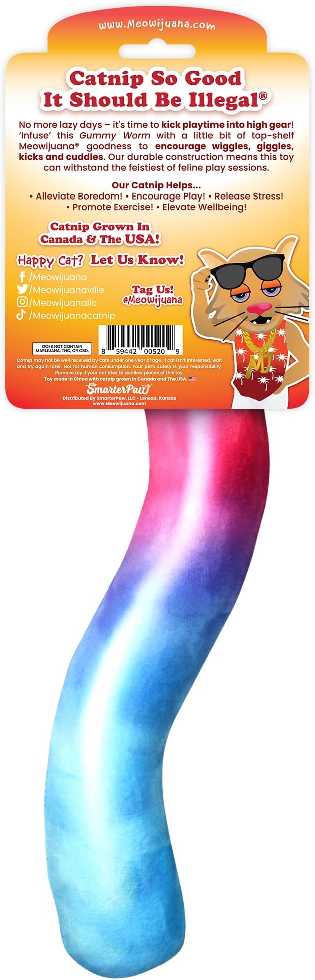 Meowijuana Kicker Toy for Cats | Get Kickin' Gummy Worm | Refillable Kicker Catnip Toy | Promotes Play and Cat Health | Includes Potent Hand Harvested Catnip Grown in North America