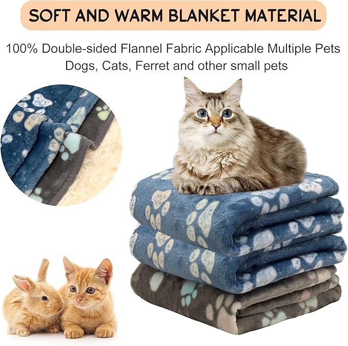 Rezutan Dog Blankets for Medium Pet, 3 Pack Blanket Fuzzy Cat Blankets Washable, Soft Comfort Flannel, Reversible Dog Paw Print, Gifts Puppy Essentials, 30 x 20 inch, 2Blue & 1Gray