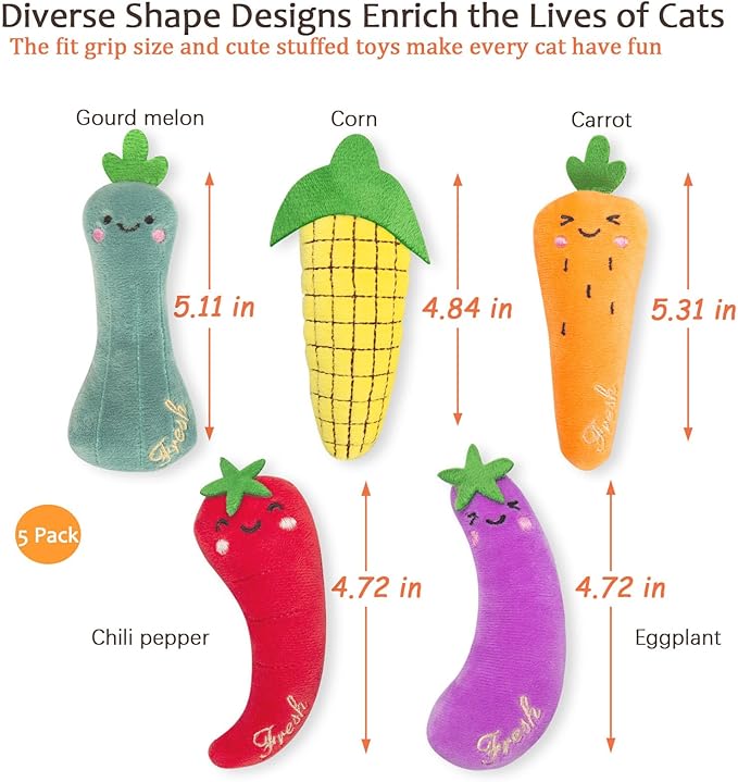 Catnip Cat Toys, Cat Nip Kitten Toy for Indoor Cats Kitty Kicker, Durable Kitten Teething Chew Toy, 5 Pack, Vegetable Shape