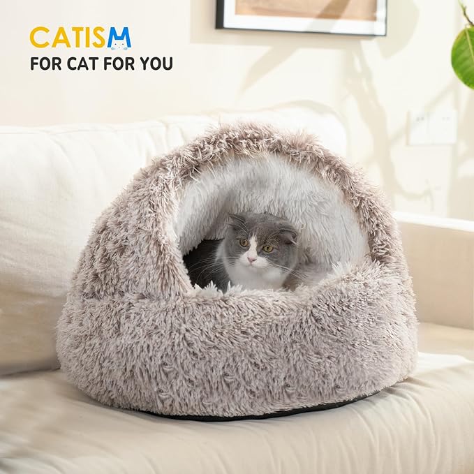 CATISM Cat Bed, Plush Hooded Cat Beds for Indoor Cats, Self Warming Cats Beds Cave, Cozy Pod for Indoor Kitten or Small Dog, Removable Washable with Non-Slip Bottom
