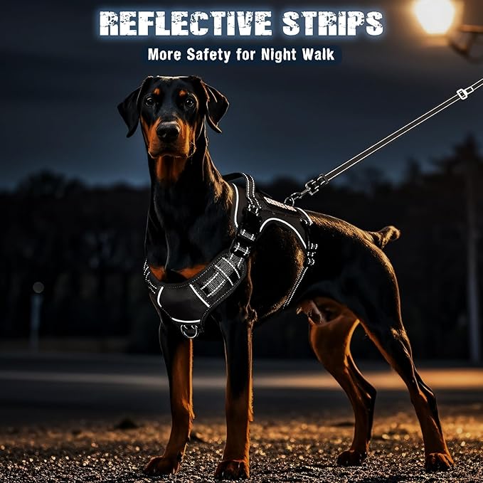 Tactical Dog Harness and Leash Set for Large Dogs,Heavy Duty No Pull Service Dog Vest and 10 Patches with Dog Seat Belt,Reflective Adjustable Pet Harness for Training Walking Hiking Black XL