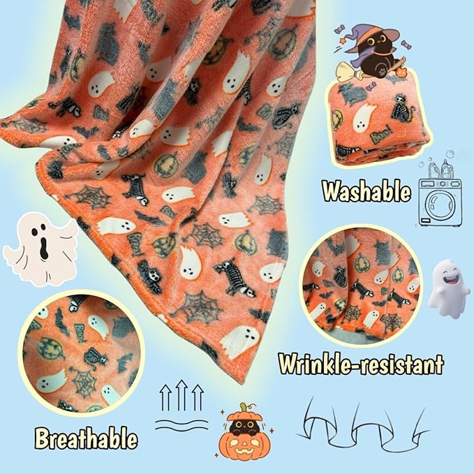 Cute Halloween Blanket for Kids/Teens/Women/Men, Glow in The Dark Throw Blankets Soft Plush Fleece, Spooky Blanket for Boy/Girls/Toddler, Day Care Home Travel Use, 60"*50", Orange