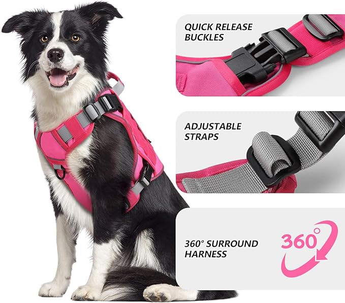 WINGOIN Pink Tactical Dog Harness for Large Dogs, Heavy Duty No Pull Dog Harness with Handle, Adjustable Reflective Military K9 Big Pet Vest for Husky, Doberman, Walking, Training, Hunting (XL)