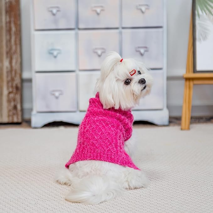 Turtleneck Small Dog Sweaters - Classic Cable Knitwear Winter Coat for Small Medium Dogs Male Female Puppy Dog Cold Weather Clothes Girls Boys, Hot Pink, M