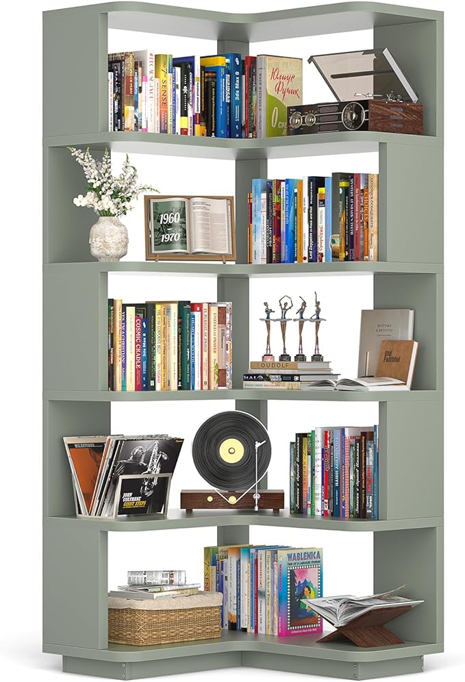 Armocity Corner Book Shelf - 6 Tier Corner Bookshelf Etagere Bookcase with Baffle, Freestanding L Shaped Display Shelf Stand for Home Office, Living Room, Bedroom, Kitchen, Crab Green