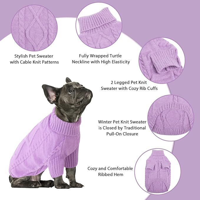 Queenmore Small Dog Pullover Sweater, Cold Weather Cable Knitwear, Classic Turtleneck Thick Warm Clothes for Chihuahua, Bulldog, Dachshund, Pug (Lilac, Large)