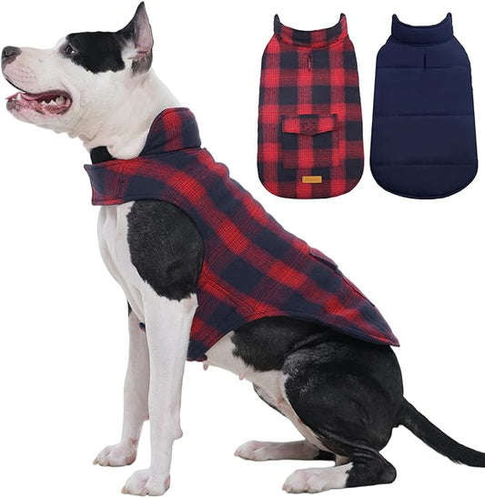 Kuoser Reversible Dog Jacket, Warm Winter Coat for Medium & Large Dogs, Warm Windproof Pet Cold Weather Clothes, Red XL