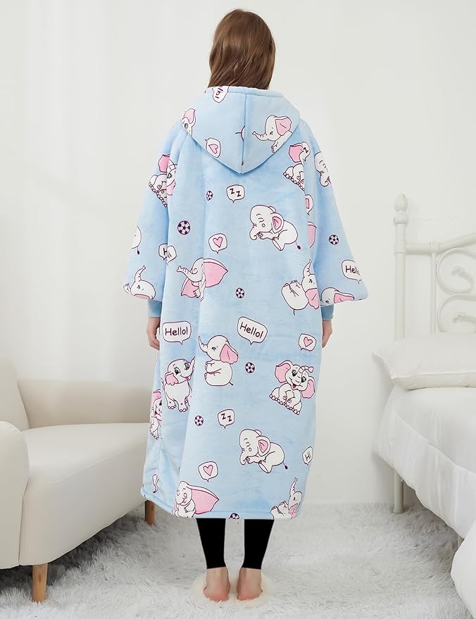 KFUBUO Wearable Blanket Hoodie for Adult Long Sherpa All Patterns Elephant Oversized Hoodie Sweatshirt Blanket Cute Birthday Gifts for Women