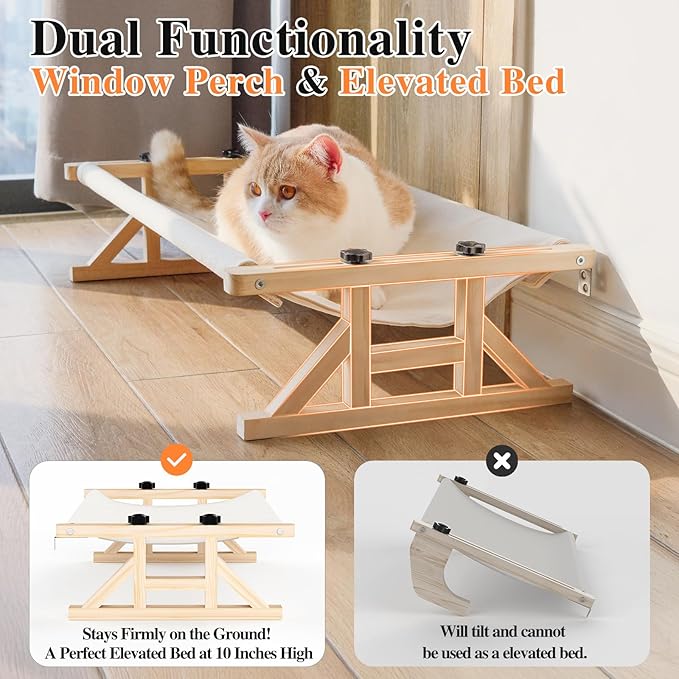 Tresbro 2-in-1 Cat Window Perch & Elevated Cat Hammock, 18.9''L × 15.7''W × 10.2" H Wooden Frame Pet Bed for Indoor Cats, Easy Setup, Adjustable, No Drilling, Cats Perch for Window, Bedside, Ground